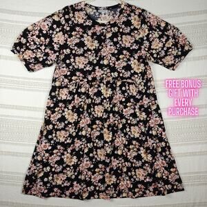 Luxology Black Floral Short Sleeve Dress Size L NEW